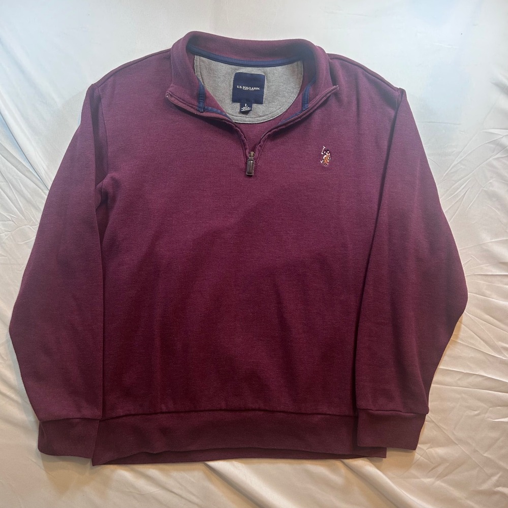 US Polo Assn Mens Quarter Zip Pullover Sweater Maroon Burgundy Large Ribbed